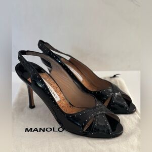 Manolo Blahnik Slingback Sandals Black Perforated Patent Size 38 Peep Toe Pump